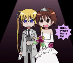 Rule 34 | 2girls, bare shoulders, blonde hair, blue eyes, blush, bouquet, bridal gauntlets, bride, brown eyes, brown hair, collarbone, dress, elbow gloves, flat chest, flower, gloves, hair ribbon, holding, holding bouquet, jewelry, kaki (eijikash), kill me baby, long hair, looking at viewer, lowres, multiple girls, necktie, no pupils, open mouth, oribe yasuna, ribbon, rose, short hair, simple background, sonya (kill me baby), standing, strapless, strapless dress, sweatdrop, tiara, twintails, two side up, vest, wedding dress, white dress, wife and wife, yuri