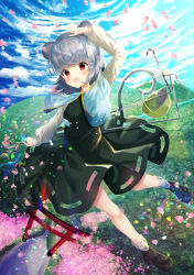 Rule 34 | 1girl, :d, absurdres, animal ears, arm up, basket, black skirt, black vest, blue sky, blush, breasts, brown footwear, buttons, cherry blossoms, commentary request, day, dowsing rod, eyelashes, falling petals, floating, full body, gold trim, grey hair, highres, holding, holding with tail, jewelry, loafers, long sleeves, looking at viewer, mouse (animal), mouse ears, mouse girl, mouse tail, nazrin, nettian51, open mouth, outdoors, pendant, petals, prehensile tail, puffy short sleeves, puffy sleeves, red eyes, shoes, short hair, short sleeves, skirt, skirt cutout, sky, small breasts, smile, socks, solo, standing, tail, torii, touhou, vest, white sleeves, white socks, ||/