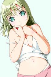 Rule 34 | 1girl, bare shoulders, blush, breasts, breasts squeezed together, cleavage, collarbone, green eyes, green hair, highres, looking at viewer, matching hair/eyes, matsunaga kouyou, midriff, navel, off shoulder, original, panties, shirt, short hair, small breasts, solo, strap slip, tank top, underwear, upper body, white background, white panties, white shirt