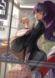 Rule 34 | 1girl, agu (agoppdki), breasts, cigarette, fishnets, gigantic breasts, highres, office, ponytail, purple hair, smoking, solo