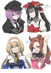 Rule 34 | 4girls, absurdres, animal ears, armpits, artist name, asymmetrical hair, black hair, black necktie, blonde hair, blue dress, blush, bow, breasts, brown hair, capelet, collared shirt, cookie (touhou), cyjalway, dated, dress, expressionless, flower in eye, geru futota, green eyes, hair between eyes, hair bow, hairband, hakurei reimu, hat, highres, horse ears, horse girl, long hair, looking at viewer, low twintails, medium breasts, military, military uniform, mitsuba greyvalley, multiple girls, necktie, open mouth, orange eyes, peaked cap, pink shirt, ponytail, purple eyes, purple hair, red bow, red dress, red necktie, remilia scarlet, sakura bakushin o (umamusume), shirt, short hair, sidelocks, simple background, sleeveless, sleeveless dress, sleeveless shirt, smile, super robot wars, super robot wars 30, symbol in eye, touhou, translated, twintails, umamusume, upper body, white background, white capelet, white hairband, white shirt, yuyusu (cookie)