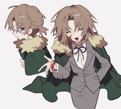Rule 34 | 1boy, black ribbon, blood, blood on face, blood on hands, closed eyes, closed mouth, coat, coat on shoulders, collared shirt, fur-trimmed coat, fur trim, gelato1014, green coat, grey eyes, grey jacket, highres, higuchi maya, jacket, light brown hair, long sleeves, low ponytail, male focus, medium hair, neck ribbon, no salvation, open mouth, parted bangs, ribbon, shirt, simple background, smile, white background, white shirt