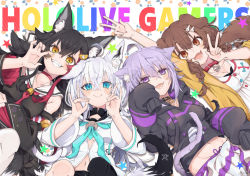 Rule 34 | 4girls, ahoge, animal ear fluff, animal ears, aqua neckwear, black choker, black hair, blue eyes, breasts, brown hair, cat ears, cat tail, choker, claw pose, closed mouth, collarbone, commentary request, copyright name, crossed bangs, dog ears, dog tail, english text, fangs, fox ears, fox shadow puppet, fox tail, grin, hair between eyes, highres, hololive, hood, hoodie, inugami korone, inugami korone (1st costume), looking at viewer, lying, medium breasts, midriff, multiple girls, navel, neck ribbon, nekomata okayu, nekomata okayu (1st costume), on back, ookami mio, ookami mio (1st costume), open mouth, pochimoto, purple eyes, purple hair, purple hoodie, red choker, ribbon, sharp teeth, shirakami fubuki, shirakami fubuki (1st costume), sidelocks, signature, sleeves past fingers, sleeves past wrists, small breasts, smile, tail, teeth, v, very long sleeves, virtual youtuber, white hair, wolf ears, wolf tail, yellow eyes