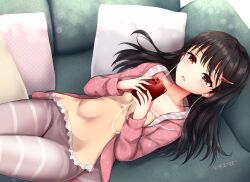 Rule 34 | 1girl, black hair, breasts, brown eyes, brown shirt, cellphone, collarbone, commentary request, couch, earbuds, earphones, grey pants, hair ornament, hairclip, highres, holding, holding phone, jacket, long hair, long sleeves, looking at viewer, lying, omoomomo, on back, on couch, open clothes, open jacket, original, pants, parted lips, phone, pillow, pink jacket, shirt, small breasts, solo, striped clothes, striped pants