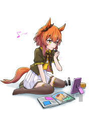 Rule 34 | 1girl, absurdres, aged down, animal ears, applying makeup, artist logo, blush, bow, bowtie, brown thighhighs, closed mouth, collared shirt, commentary request, cosmetics, eighth note, full body, green jacket, hair ornament, hairclip, highres, horse ears, horse girl, horse tail, jacket, jtleeklm, lipstick tube, magazine (object), mayano top gun (umamusume), mirror, musical note, no shoes, orange hair, shirt, short hair, short sleeves, simple background, sitting, skirt, solo, tail, thighhighs, two side up, umamusume, wariza, watermark, white background, white skirt, yellow eyes