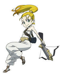 Rule 34 | 1990s (style), 1girl, bare shoulders, blonde hair, bow (weapon), boystalk (101197), chrono (series), chrono trigger, crossbow, earrings, full body, green eyes, jewelry, marle (chrono trigger), ponytail, sandals, smile, solo, weapon, yubidoriru