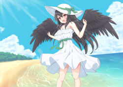 Rule 34 | 1girl, alternate costume, beach, bird wings, black hair, black wings, blue sky, blush, bow, breasts, brown eyes, cleavage, cloud, commentary request, day, dress, feathered wings, feet out of frame, forest, green bow, green sash, hat, hat bow, highres, long hair, looking at viewer, nature, o1118, ocean, open mouth, outdoors, reiuji utsuho, sand, sash, sky, solo, sun hat, sundress, touhou, water, white dress, white hat, wings