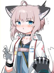 Rule 34 | 1girl, 1other, absurdres, ahoge, animal ear fluff, animal ears, arknights, black choker, black gloves, blue dress, blue eyes, blush, brown hair, choker, collarbone, doctor (arknights), dress, flying sweatdrops, fox ears, fox girl, fox tail, gloves, hair between eyes, highres, holding hands, jacket, long sleeves, material growth, open clothes, open jacket, oripathy lesion (arknights), out of frame, parted lips, simple background, solo focus, spam (spamham4506), surprised, sussurro (arknights), sweat, tail, upper body, white background, white gloves, white jacket