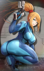 Rule 34 | 1girl, abs, absurdres, aqua eyes, arm support, ass, blonde hair, blue bodysuit, bodysuit, breasts, commentary request, gonzarez, green eyes, gun, high heels, highres, holding, holding gun, holding weapon, impossible bodysuit, impossible clothes, kneeling, large breasts, legs, long hair, looking at viewer, metroid, mole, mole under mouth, muscular, nintendo, parted lips, ponytail, samus aran, sidelocks, skin tight, solo, squatting, teeth, thighs, weapon, zero suit