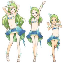 Rule 34 | 1girl, :d, age progression, aged down, alternate hair length, alternate hairstyle, arm up, armpits, arms up, bikini, bikini top only, breasts, child, commentary, flat chest, full body, green eyes, green hair, hair ornament, idolmaster, idolmaster million live!, idolmaster million live! theater days, kokekokko coma, long hair, looking at viewer, midriff, multiple views, navel, open mouth, sandals, shimabara elena, short hair, simple background, skirt, small breasts, smile, standing, standing on one leg, star (symbol), star hair ornament, swimsuit, tan, tanline, very long hair, white background, wrist cuffs