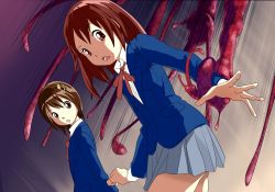 Rule 34 | 2girls, brown hair, child, highres, kamimaki tsukami, multiple girls, open mouth, red hair, restrained, school uniform, tentacles