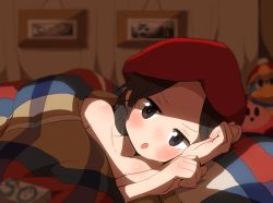 Rule 34 | 1girl, adeleine, bad id, bad pixiv id, bed, bed sheet, black hair, blanket, blush, breasts, brown eyes, cleavage, half-closed eyes, hat, highres, katsu (katsupainter), king dedede, kirby, kirby (series), looking at viewer, lying, naked sheet, nintendo, on bed, on side, open mouth, painting (object), plaid, shadow, under covers, v-shaped eyebrows