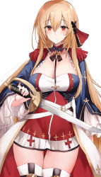 Rule 34 | 1girl, ascot, blonde hair, breasts, cleavage, highres, holding, holding sword, holding weapon, kinona, large breasts, long hair, original, red eyes, shorts, sword, weapon
