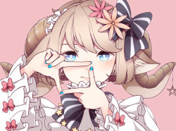 Rule 34 | 1girl, animal ear fluff, animal ears, blue eyes, blue nails, bow, bowtie, commentary request, finger frame, flower, frilled sleeves, frills, hair bow, hair flower, hair ornament, horns, jewelry, kinakomoti, light smile, long sleeves, looking at viewer, nail polish, necklace, original, pink background, portrait, short hair, simple background, solo, star (symbol), star necklace, striped, striped bow, wide sleeves