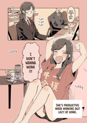 Rule 34 | 1boy, 1girl, alcohol, beer, blush, brown hair, closed eyes, computer, english text, glasses, hard-translated, highres, maria komaki, multicolored hair, nissin cup noodle, office, office lady, original, speech bubble, third-party edit, two-tone hair, working
