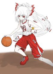 Rule 34 | 1girl, aizettonagi, alternate costume, ball, basketball, basketball (object), bow, closed mouth, clothes writing, commission, fujiwara no mokou, full body, hair bow, highres, long hair, looking at viewer, multiple bows, nail polish, ponytail, red eyes, red footwear, red nails, red shorts, shorts, skeb commission, solo, sportswear, touhou, upper body, white background, white hair, wristband