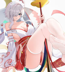 Rule 34 | 1girl, azur lane, bare shoulders, blue eyes, blush, breasts, cleavage, collarbone, dead or alive, dead or alive xtreme, detached sleeves, hair ornament, hair over one eye, hairband, hakama, hakama skirt, highres, japanese clothes, large breasts, looking at viewer, luna (doa), nontraditional miko, panties, parted lips, pleated skirt, qing wu, red panties, red skirt, ribbon-trimmed sleeves, ribbon trim, short hair, skirt, sleeveless, solo, thighhighs, thighs, underwear, white hair, white thighhighs, wide sleeves