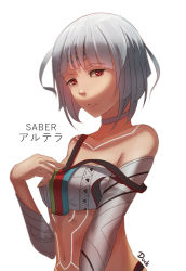 Rule 34 | 10s, 1girl, altera (fate), armor, bare shoulders, breasts, choker, dark-skinned female, dark duck, dark skin, detached sleeves, fate/extella, fate/extra, fate/grand order, fate (series), looking at viewer, midriff, navel, red eyes, short hair, small breasts, solo, tattoo, white background, white hair