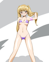 Rule 34 | 10s, bikini, blonde hair, blush, breasts, brown eyes, geropper, girls und panzer, glasses, groin, looking at viewer, navel, oono aya, purple bikini, small breasts, smile, solo, swimsuit, tongue, tongue out, twintails