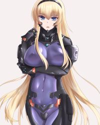Rule 34 | 1girl, blonde hair, blue eyes, bodysuit, breast hold, breasts, cameltoe, cleavage, covered erect nipples, covered navel, cureecoolan, grey background, groin, hairband, irisdina bernhard, large breasts, long hair, looking at viewer, muv-luv, muv-luv alternative, pilot suit, schwarzesmarken, simple background, skin tight, solo, standing, very long hair
