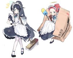 Rule 34 | 2girls, apron, aris (blue archive), aris (maid) (blue archive), black dress, black eyes, black footwear, black hair, blue archive, blue eyes, blush stickers, bow, bowtie, box, broom, bucket, cardboard box, closed mouth, collared dress, dress, duster, frown, full body, gohanduck, halo, hand on own hip, highres, holding, holding bucket, holding duster, in box, in container, long hair, looking at viewer, maid apron, maid headdress, multiple girls, neck ribbon, notice lines, pantyhose, ponytail, puffy short sleeves, puffy sleeves, red hair, ribbon, short sleeves, side ponytail, sitting, smile, standing, strappy heels, sweatdrop, very long hair, white background, white pantyhose, wristband, yuzu (blue archive), yuzu (maid) (blue archive)