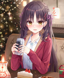 Rule 34 | 1girl, :d, absurdres, black hair, blurry, blurry background, blush, braid, cafe stella to shinigami no chou, cake, cake slice, can, candle, casual, cc lin, chinese commentary, christmas, christmas tree, coat, collared shirt, commentary, earrings, elbows on table, english commentary, eyelashes, eyes visible through hair, flower, food, fruit, fur-trimmed hood, fur trim, hair between eyes, hair flower, hair ornament, hair ribbon, hands up, happy, heart, highres, holding, holding can, hood, hood down, indoors, jewelry, long hair, looking at viewer, mixed-language commentary, mole, mole under eye, nail polish, notice lines, official alternate costume, open clothes, open coat, open mouth, pink nails, pink ribbon, red coat, ribbon, rose, shiki natsume, shirt, side braid, sitting, smile, snowflake necklace, snowflakes, solo, sparkle, straight hair, strawberry, stud earrings, upper body, very long hair, white flower, white rose, white shirt, yellow eyes