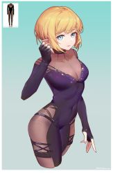 Rule 34 | 1girl, aqua background, aqua eyes, artist name, blonde hair, bodysuit, breasts, closed mouth, covered navel, crossed legs, hand up, highres, looking at viewer, medium breasts, meinoss, original, pointy ears, purple bodysuit, reference inset, see-through, short hair, solo