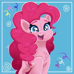 Rule 34 | 1girl, blue background, blue eyes, highres, looking at viewer, my little pony, my little pony: friendship is magic, open mouth, pink hair, pinkie pie, pony (animal), puyonifyyyc, solo, teeth, upper teeth only
