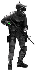 Rule 34 | 1boy, absurdres, boots, capcom, elbow pads, full body, gas mask, gloves, goggles, gun, highres, knee pads, knife, male focus, mask, official art, resident evil, resident evil: operation raccoon city, rifle, solo, standing, uniform, vest, vladimir bodrovski, weapon