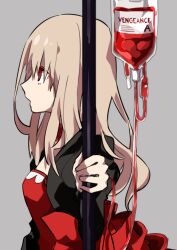 Rule 34 | 1girl, blonde hair, blood, blood bag, dress, higyaku no noel, intravenous drip, iv stand, long hair, noel cerquetti, red dress, red eyes, shirone (shiromame-0111), solo