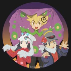 Rule 34 | 1girl, 2boys, :d, :o, barry (pokemon), black eyes, black hair, blonde hair, character mask, closed mouth, coat, commentary request, creatures (company), dawn (pokemon), dusknoir, froslass, game freak, gen 4 pokemon, hair ornament, hairclip, hands up, hat, long hair, long sleeves, looking at viewer, lucas (pokemon), mask, multiple boys, nintendo, open mouth, pokemon, pokemon dppt, pokemon platinum, ponimu, red coat, red headwear, scarf, short hair, smile, spiritomb, tongue