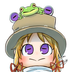 Rule 34 | 1girl, :&gt;, animal, animal on head, profile picture, blonde hair, blush, chamaji, close-up, commentary request, frog, hair ribbon, hat, horizontal pupils, looking at viewer, lowres, moriya suwako, on head, purple eyes, ribbon, signature, simple background, solo, touhou, tress ribbon, white background