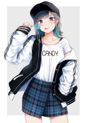 Rule 34 | 1girl, :p, absurdres, arm up, baseball cap, blue eyes, blunt bangs, blush, border, candy, clothes writing, collarbone, colored inner hair, dabadhi, food, gradient background, grey hair, hand in pocket, hat, highres, holding, holding candy, holding food, holding lollipop, jacket, lollipop, mole, mole under eye, multicolored hair, nail polish, off shoulder, open clothes, open jacket, original, plaid, plaid skirt, shirt, short hair, simple background, skirt, sleeves past wrists, solo, standing, t-shirt, tongue, tongue out, two-tone hair