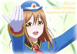 Rule 34 | 1girl, artist name, artist request, ascot, blouse, blue headwear, blue jacket, blue shirt, blush, breasts, brown eyes, brown hair, collared shirt, dated, dress, earrings, falling leaves, female focus, female service cap, gloves, hair between eyes, happy party train, jacket, jewelry, kunikida hanamaru, leaf, light brown hair, long hair, long sleeves, looking at viewer, love live!, love live! sunshine!!, outstretched arms, outstretched hand, parted lips, plaid, plaid ascot, plaid neckwear, red ascot, shirt, small breasts, smile, solo, striped ascot, striped neckwear, upper body, white background, white gloves, wing collar, yellow eyes
