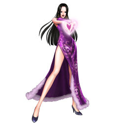 Rule 34 | 1girl, 3d, amazon warrior, bare shoulders, black hair, blue eyes, boa hancock, breasts, china dress, chinese clothes, dress, earrings, feet, full body, heart, heart hands, high heels, highres, jewelry, legs, long hair, looking at viewer, official art, one piece, one piece: pirate warriors, open mouth, purple dress, shoes, simple background, solo, standing, thighs, white background