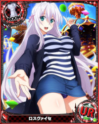 Rule 34 | 1girl, antenna hair, aqua eyes, breasts, card (medium), character name, chess piece, hair ribbon, high school dxd, high school dxd hero, jacket, large breasts, lingerie, long hair, looking at viewer, miniskirt, official art, open mouth, panties, pantyshot, purple panties, ribbon, rook (chess), rossweisse, shirt, silver hair, skirt, smile, solo, source request, trading card, underwear, very long hair