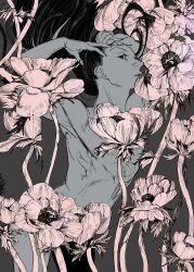 Rule 34 | 1boy, almostghost, black eyes, black hair, completely nude, flower, grey background, hands on own head, highres, hunter x hunter, illumi zoldyck, long hair, looking at viewer, male focus, nude, profile, simple background, solo