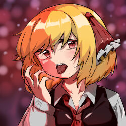 Rule 34 | 1girl, black vest, blonde hair, blurry, blurry background, blush, collared shirt, commentary request, fingernails, hair between eyes, hair ribbon, highres, kurodani yamame, long sleeves, looking at viewer, medium hair, necktie, open mouth, red background, red eyes, red nails, red necktie, red ribbon, ribbon, rinyamame, rumia, sharp fingernails, sharp teeth, shirt, solo, teeth, tongue, tongue out, touhou, upper body, vest, white shirt