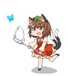 Rule 34 | 1girl, :d, animal ear fluff, animal ear piercing, animal ears, blush, bow, bowtie, brown eyes, brown hair, bug, butterfly, butterfly net, cat ears, cat tail, chen, chibi, dress, earrings, fang, green hat, hair between eyes, hand net, hat, highres, holding, holding butterfly net, insect, jewelry, juliet sleeves, long sleeves, mob cap, multiple tails, nekomata, open mouth, puffy sleeves, red dress, running, shadow, shiromamekei, simple background, single earring, skin fang, smile, solo, tail, touhou, two tails, v-shaped eyebrows, white background, white bow, white bowtie