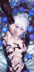 Rule 34 | 2boys, arms up, blue eyes, blue flower, blue rose, flower, granblue fantasy, hand on another&#039;s cheek, hand on another&#039;s face, highres, lucilius (granblue fantasy), lying, male focus, multiple boys, on back, rose, scar, scar on neck, sw21159502, thorns, toned, white hair