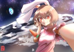 Rule 34 | 1girl, absurdres, animal ears, artist name, bob cut, brown hair, carrot necklace, commentary, crater, dress, earth (planet), flag, floppy ears, frilled dress, frilled sleeves, frills, hair between eyes, haruka kanata (togassi1), highres, inaba tewi, jewelry, looking at viewer, moon, necklace, on moon, pendant, pink dress, planet, rabbit ears, rabbit girl, reaching, reaching towards viewer, red eyes, selfie, short hair, short sleeves, signature, smile, solo, space, spacecraft, star (sky), touhou, upper body, v