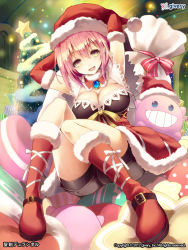 Rule 34 | 1girl, :d, arms behind head, arms up, blush, boots, breasts, christmas tree, cleavage, copyright request, elbow gloves, fur boots, fur trim, gloves, hat, large breasts, looking at viewer, michiking, official art, open mouth, pink hair, red footwear, santa boots, santa costume, santa hat, short hair, smile, solo, star (symbol), yellow eyes