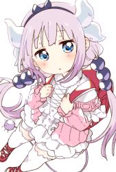Rule 34 | 1girl, backpack, bag, beads, blue eyes, child, dragon girl, dragon horns, dress, hair beads, hair ornament, hairband, highres, horns, kanna kamui, kobayashi-san chi no maidragon, light purple hair, long hair, looking at viewer, low twintails, namori, open mouth, pink hair, randoseru, simple background, solo, tail, thighhighs, twintails, white thighhighs
