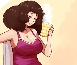 Rule 34 | 1girl, bags under eyes, big hair, breasts, brown hair, camisole, chief (91m10), cleavage, collarbone, cup, exhausted, closed eyes, holding, holding cup, large breasts, mole, mole on breast, mug, nina uccelli, original, purple camisole, sitting, solo, steam