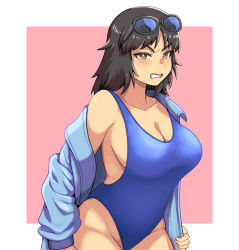 Rule 34 | 1girl, blush, breasts, brown eyes, brown hair, cleavage, collarbone, competition swimsuit, eyewear on head, girls und panzer, highres, jacket, large breasts, looking at viewer, medium hair, one-piece swimsuit, sideboob, solo, stomach, sunglasses, swimsuit, teeth, upper body, yougata