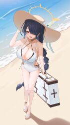 Rule 34 | 1girl, absurdres, bag, beach, bikini, black bikini, black hair, blue archive, breasts, cleavage, covered navel, criss-cross halter, guntree, hair over one eye, halo, halterneck, hat, highres, hinata (blue archive), hinata (swimsuit) (blue archive), holding, holding bag, large breasts, legs, long hair, looking at viewer, looking up, official alternate costume, one-piece swimsuit, one eye covered, outdoors, red eyes, sandals, side-tie bikini bottom, solo, sun hat, swimsuit, toenails, toes, very long hair, white one-piece swimsuit