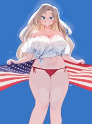 Rule 34 | 1girl, american flag, blonde hair, blue background, blue eyes, breasts, cleavage, feet out of frame, flag, grin, groin, highres, holding, holding flag, huge breasts, long hair, looking at viewer, navel, off-shoulder shirt, off shoulder, original, panties, red panties, ryusei hashida, shirt, side-tie panties, simple background, smile, solo, thick thighs, thighs, tied shirt, underwear, very long hair, white shirt