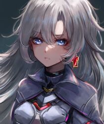 Rule 34 | 1girl, a (xenoblade), armor, blue eyes, breasts, cape, close-up, collared cape, earrings, expressionless, hair between eyes, hair intakes, jewelry, leonmandala, long hair, looking at viewer, messy hair, parted lips, portrait, simple background, single earring, small breasts, solo, upper body, very long hair, xenoblade chronicles (series), xenoblade chronicles 3, xenoblade chronicles 3: future redeemed