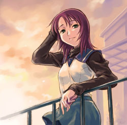 Rule 34 | 00s, 1girl, arm behind head, arm up, black shirt, building, cellphone, cowboy shot, dusk, grey eyes, house, looking at viewer, lowres, maruto!, my-hime, phone, purple hair, railing, sailor collar, shirt, smile, solo, sunlight, sunset, vest, white vest, yuuki nao