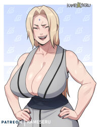 Rule 34 | 1girl, bare shoulders, blonde hair, breasts, cleavage, collarbone, hair intakes, hand on own hip, huge breasts, japanese clothes, kameseru, long hair, muscular, muscular female, nail polish, naruto (series), open mouth, red nails, sash, solo, toned, tsunade (naruto), upper body